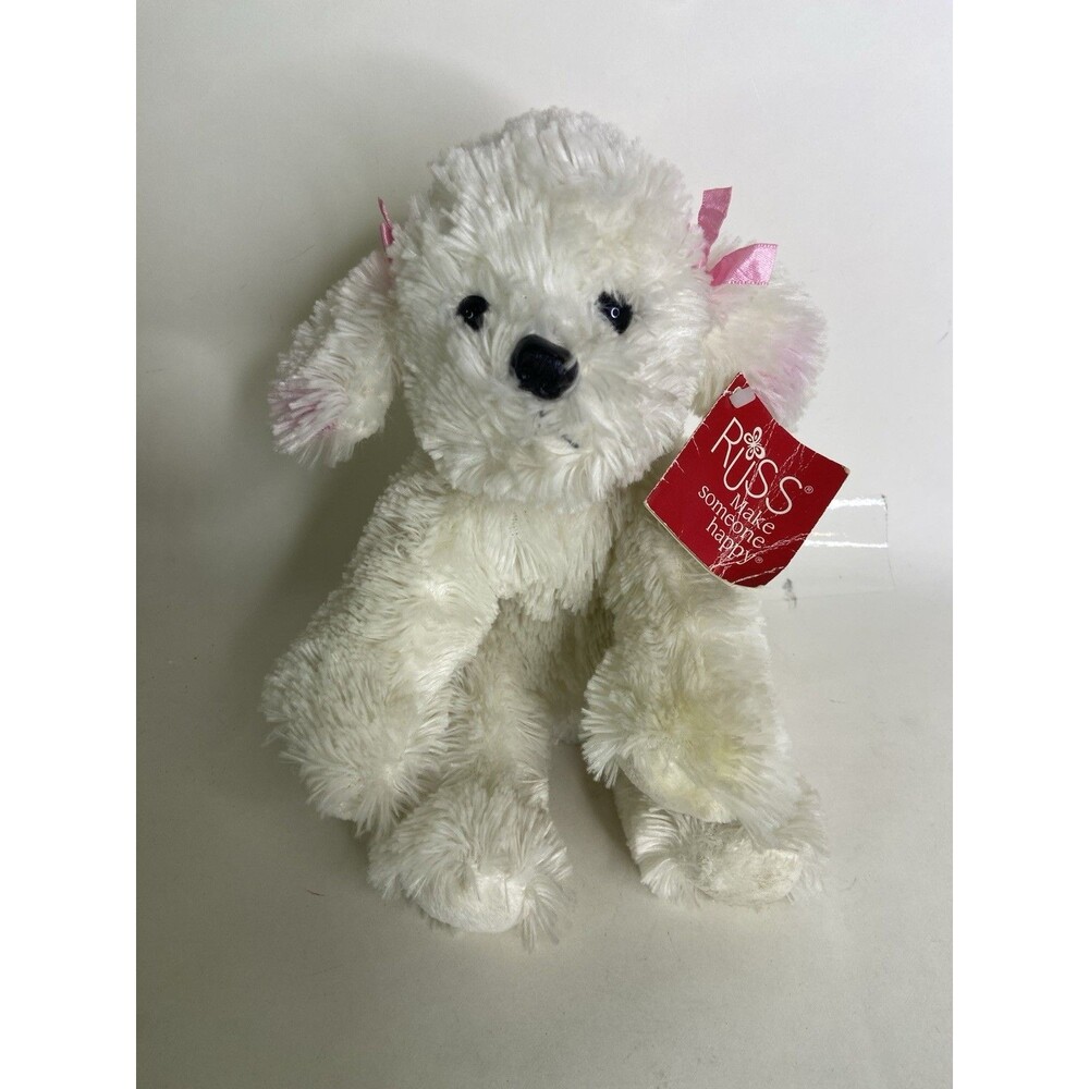 Russ Berrie Muffin White Bichon Frise Dog Puppy Plush Toy Pink Bows Collar